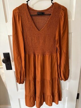 Orange Smocked V-Neck Long Sleeve Dress
